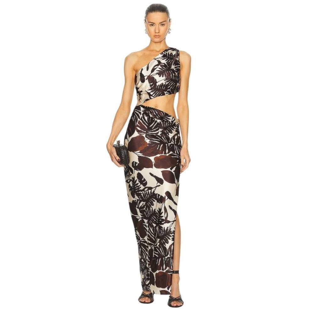 NICHOLAS Brown and Cream One-Shoulder Maxi Dress